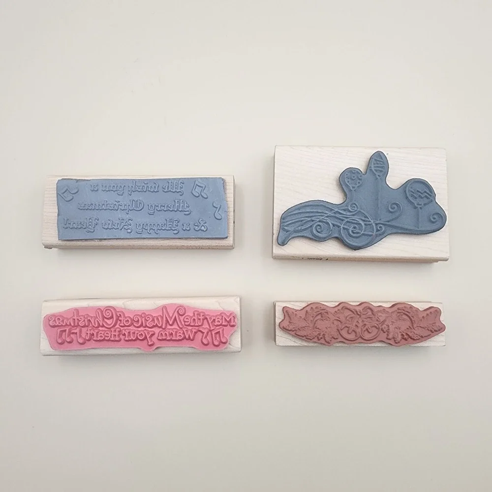 Lot of 4 Christmas Holiday Music Lovers‎ Wooden Rubber Ink Stamps Card Envelope